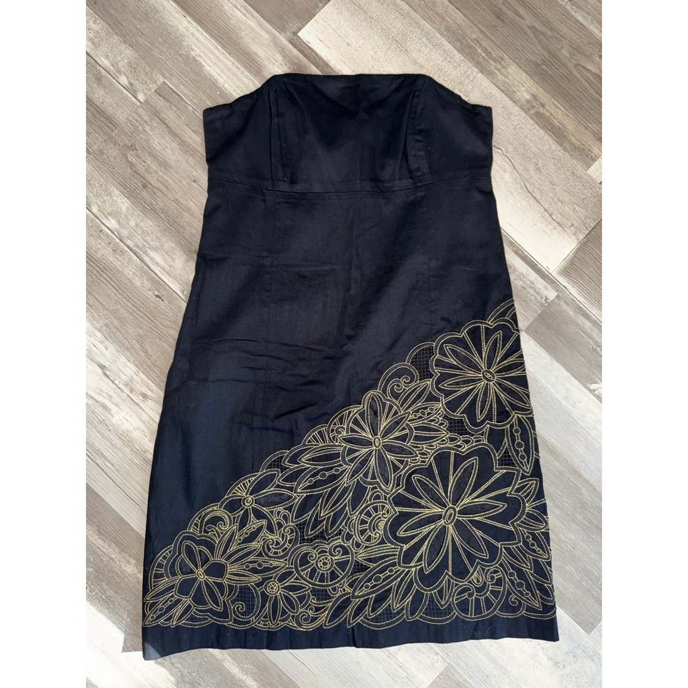 Lilly Pulitzer Strapless Dress Women Black Gold Floral Embroidered 16218 Size 6